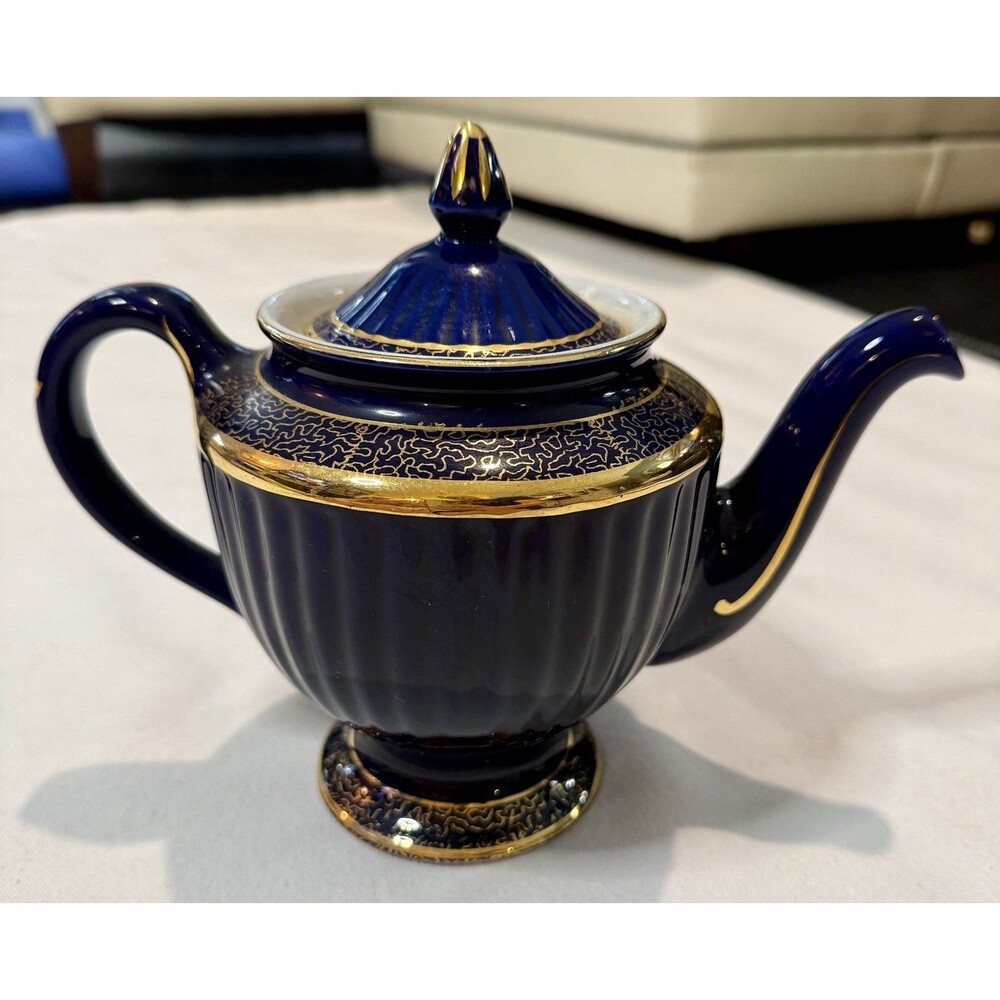 Vtg 1930's Hall Pottery Teapot Cobalt Blue w/Gold Gilt Trim Footed 6 Cup Antique